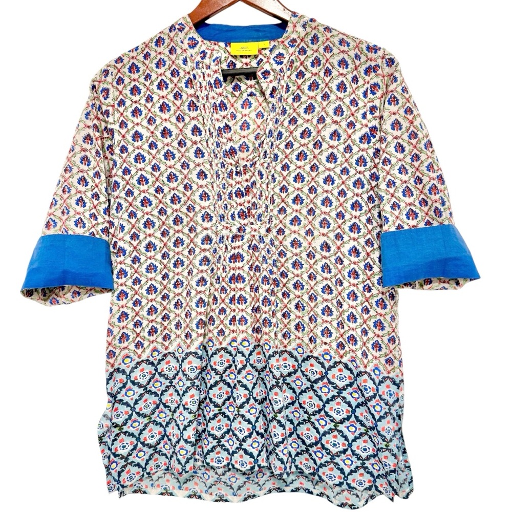 Roller Rabbit Cotton 3/4 Sleeve Top Pintuck Neckline Lightweight Small
